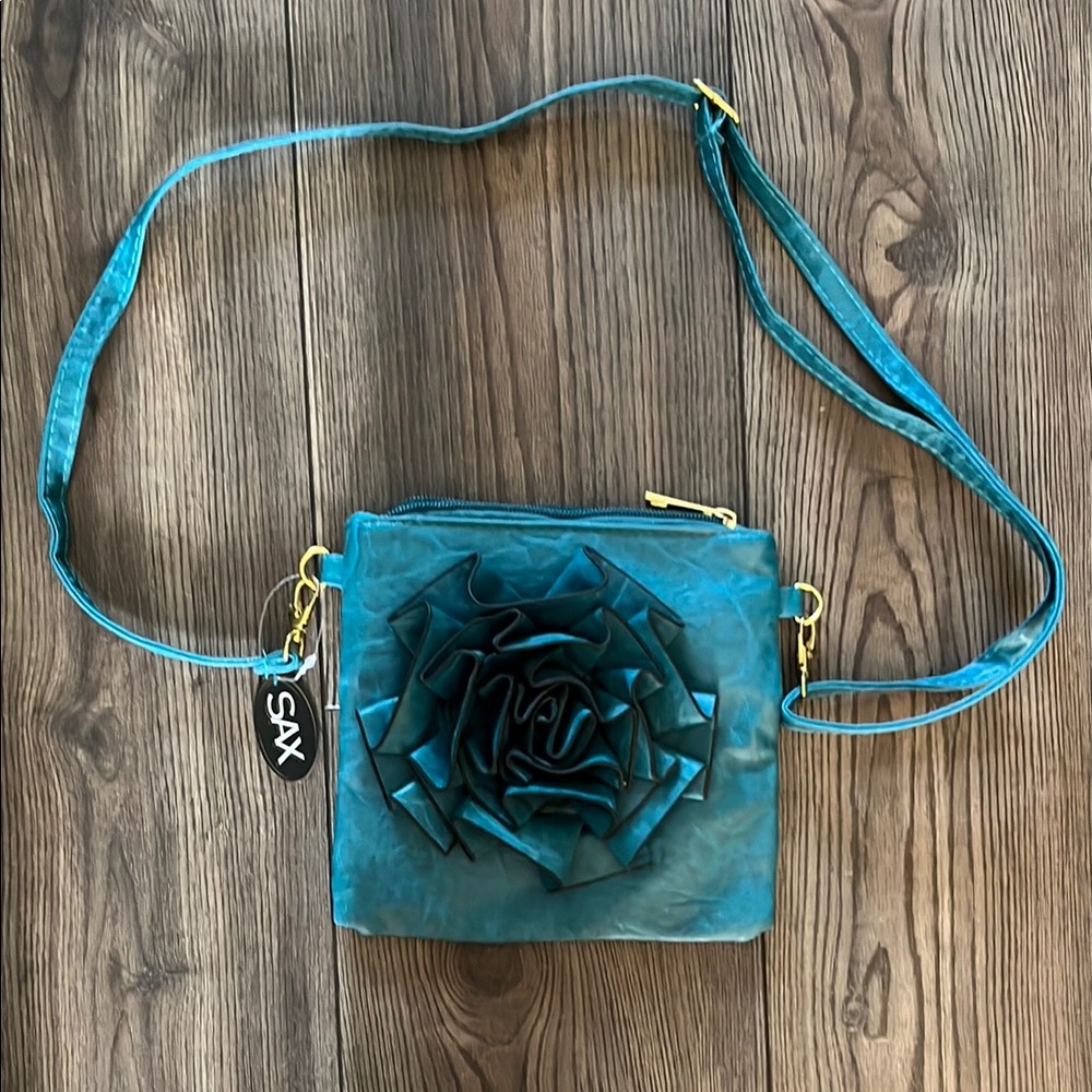 Sax Teal Crossbody Bag with Floral Design